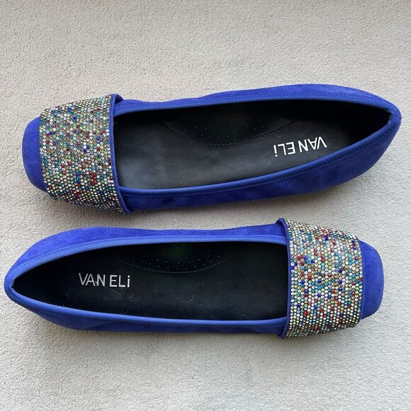 Vaneli Nabila Jordan Royal Blue Suede Flats Rhinestone Flat Shoe Women 8W Square - Picture 1 of 16